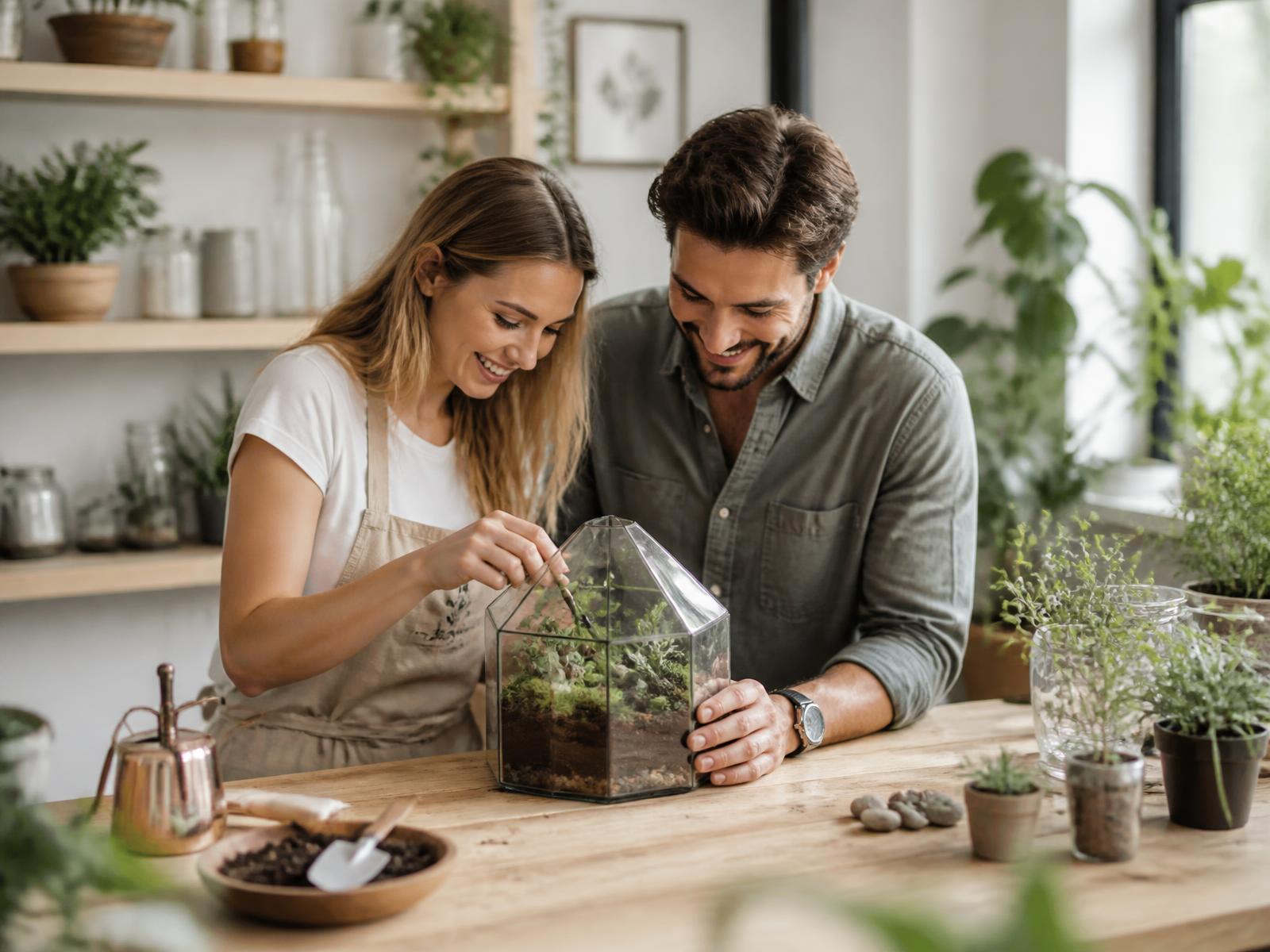 A couple building a glass terrarium together in Planterie's studio